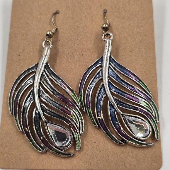 2 Set of Earrings Feather Shape Enameled Rhinestone & Avon Boho Weave Multicolor - Picture 7 of 12